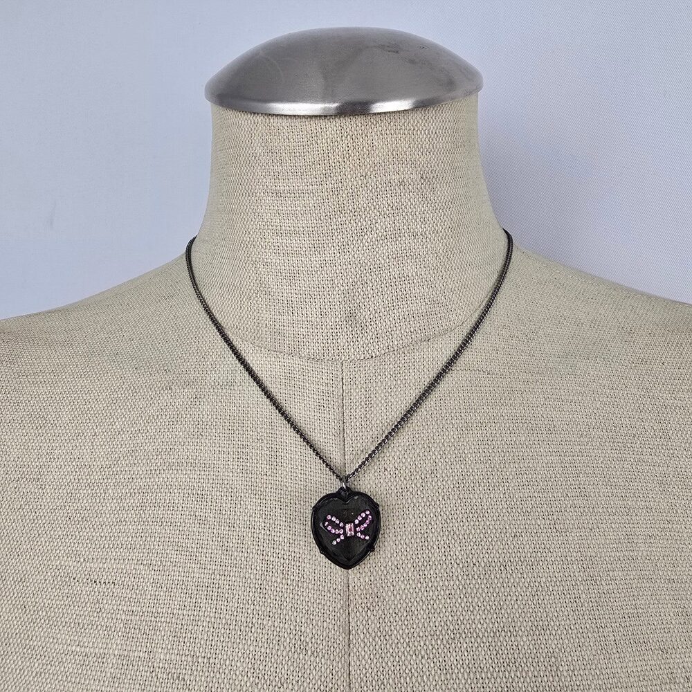 Betsey Johnson Black-Tone Pink Crystal Glitter Heart Pendant Necklace
